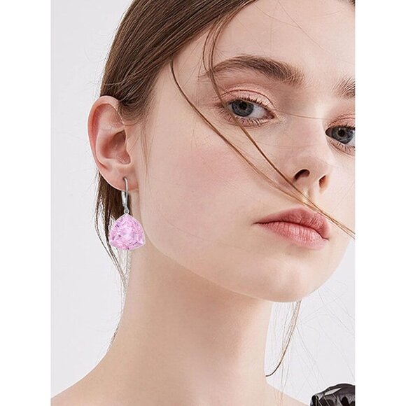 Sterling Silver Pink Tourmaline Geometric Birthstone Dangle Drop Earring Jewelry - Picture 5 of 5